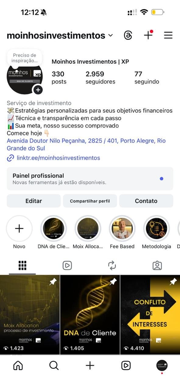 Perfil da Moinhos Investimentos no Instagram, antes