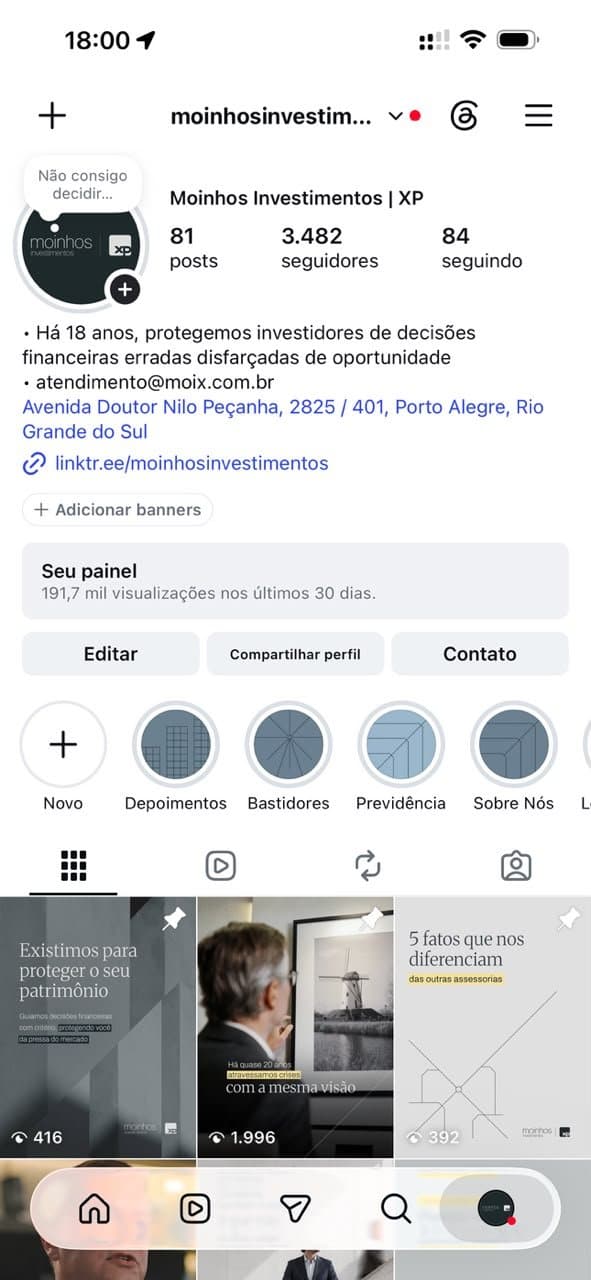 Perfil da Moinhos Investimentos no Instagram, depois